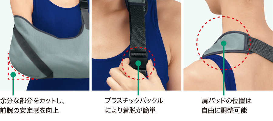 余分な部分をカットし、前腕の安定感を向上／プラスチックバックルにより着脱が簡単／肩パッドの位置は自由に調整可能
