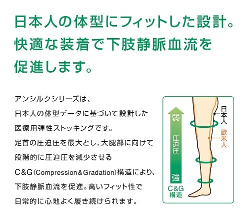 日本人の体型にフィットした設計。快適な装着で下肢静脈血流を促進します。
