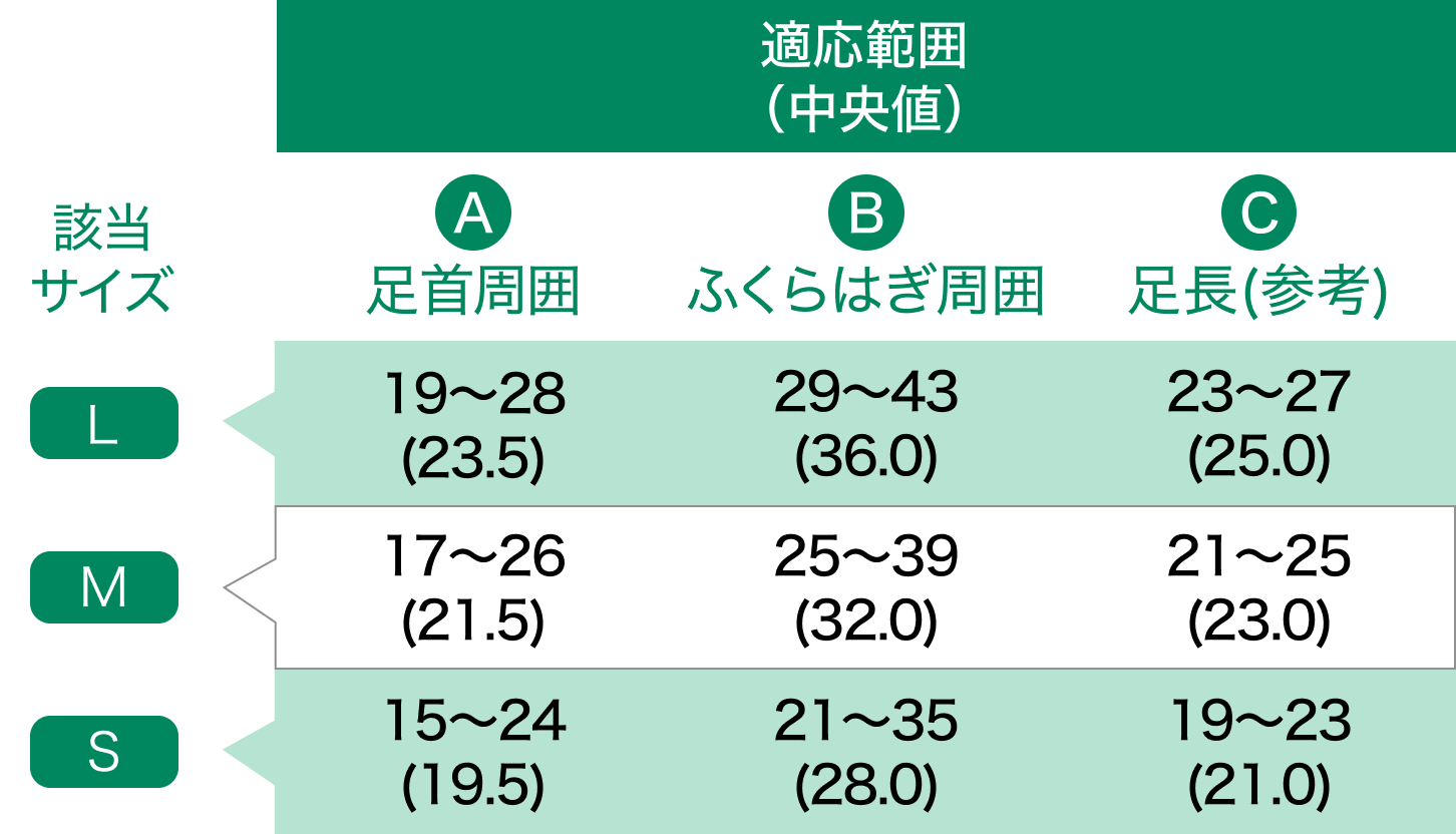 L: 足首周囲19〜28cm ふくらはぎ周囲29〜43cm 足長23〜27cm / M: 足首周囲17〜26cm ふくらはぎ周囲25〜39cm 足長21〜25cm / S: 足首周囲15〜24cm ふくらはぎ周囲21〜35cm 足長19〜23cm