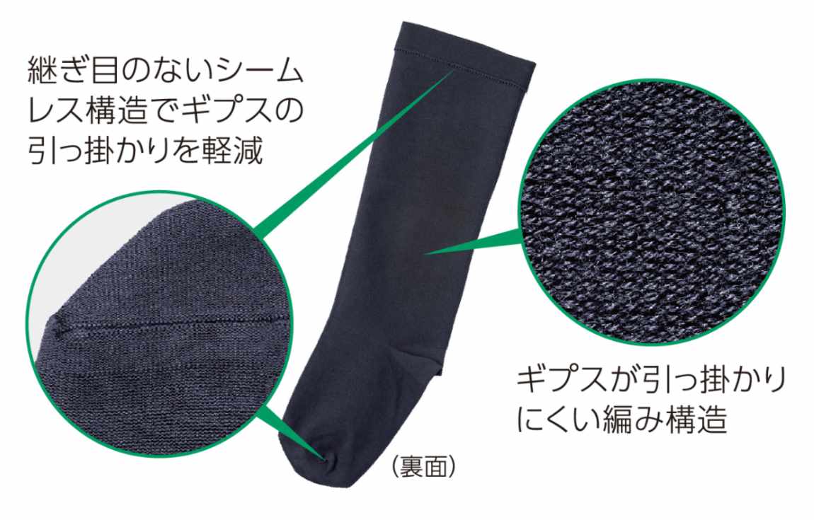 継ぎ目のないシームレス構造でギプスの引っ掛かりを軽減／ギプスが引っ掛かりにくい編み構造