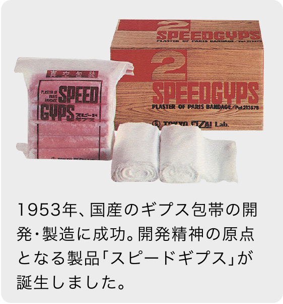 1953年、国産のギプス包帯の開発・製造に成功。開発精神の原点となる製品「スピードギプス」が誕生しました。