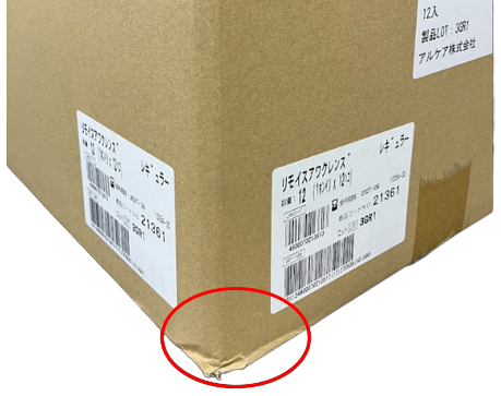 製品に影響を及ぼさない外装箱破損の例