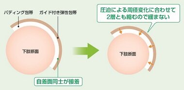 2層の包帯の自着面同士が接着するイメージ図。圧迫による周径変化に合わせて2層とも縮むので緩まない